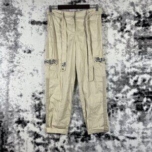 Chicos Pants Womens Size‎ 00 Crop Beige Bedazzled LInen Straight Cargo Pocket